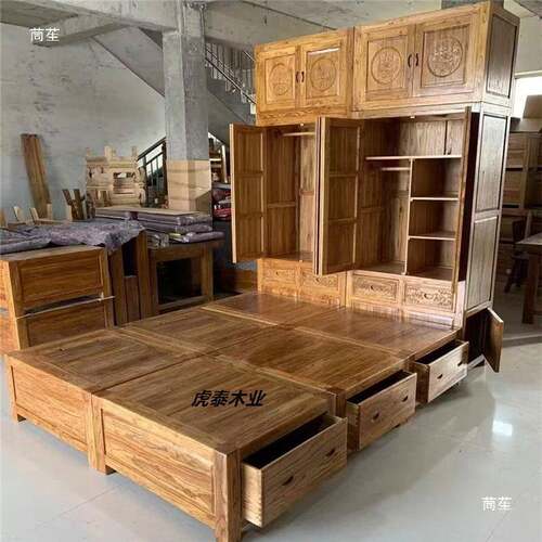 老333榆床落地式榻屉米实木卧室家具榫卯高箱体储物木组合双人榻