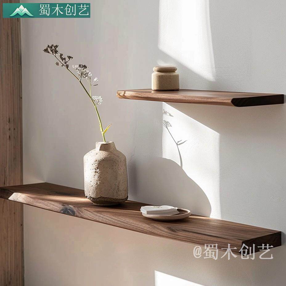 黑胡桃木色隔实木层板一字置板物搁架&展示墙2121面摆收纳壁挂式