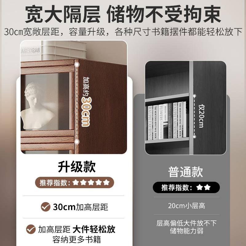 全实木书架置物架落地柜子储物带门防尘胡桃木色客厅展示家用书柜