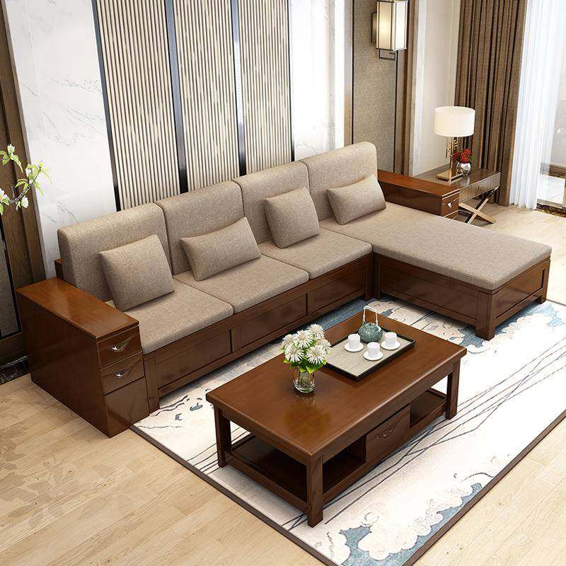 新中式实木妃发合现代866转角客厅整装沙贵木头沙发组布艺小户型