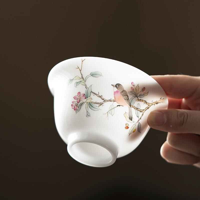 高碗白瓷手绘茶具盖碗陶瓷冰种瓷018盖单个泡玉茶碗大档号花鸟三