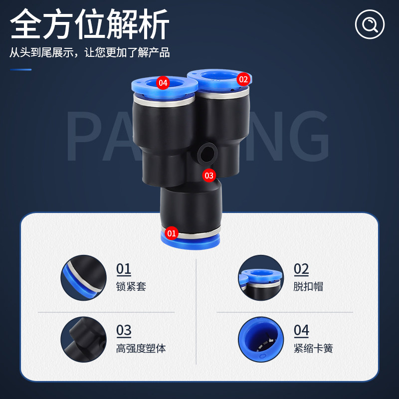 气动气管接头快速接头软管快插对接接头Y型三通PY4/6/8/10/12/16