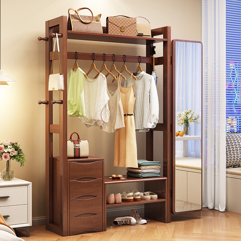 衣架落地卧室换鞋凳挂衣架一体穿衣镜子多功能落全实木简易衣帽架