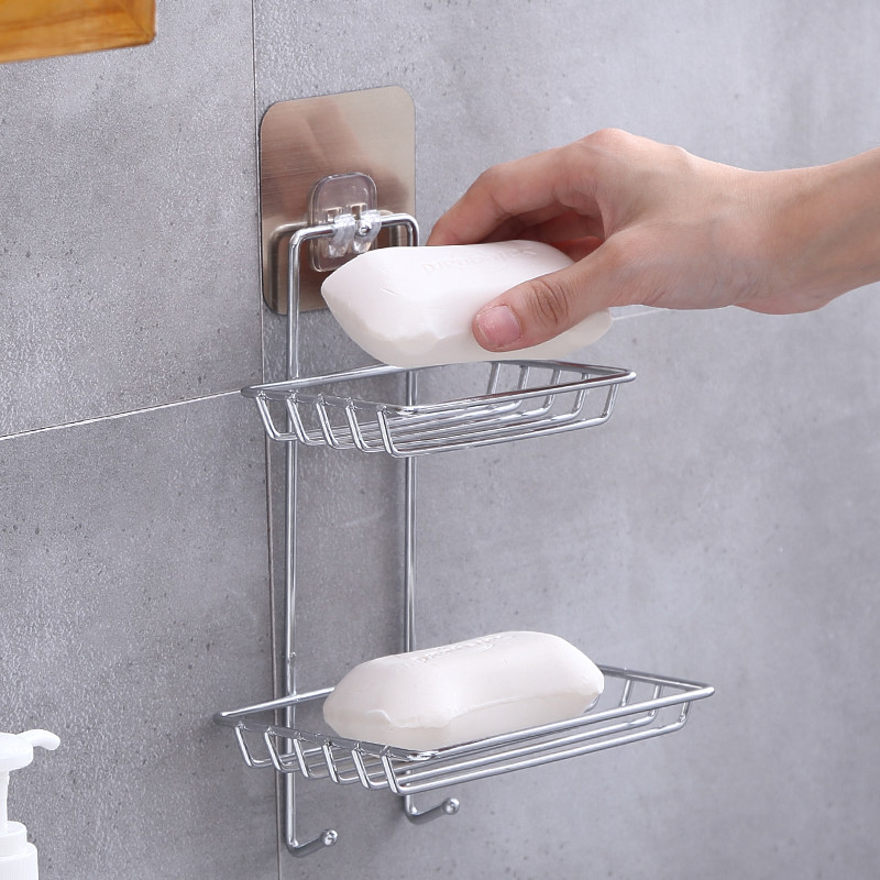 新疆包邮商城不锈钢免打孔肥皂架双层沥水皂盒无痕贴浴室香皂架壁