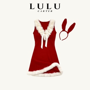 圣诞节性感纯欲约会战袍礼盒装纯棉吊带睡裙可爱兔子头饰红色毛领