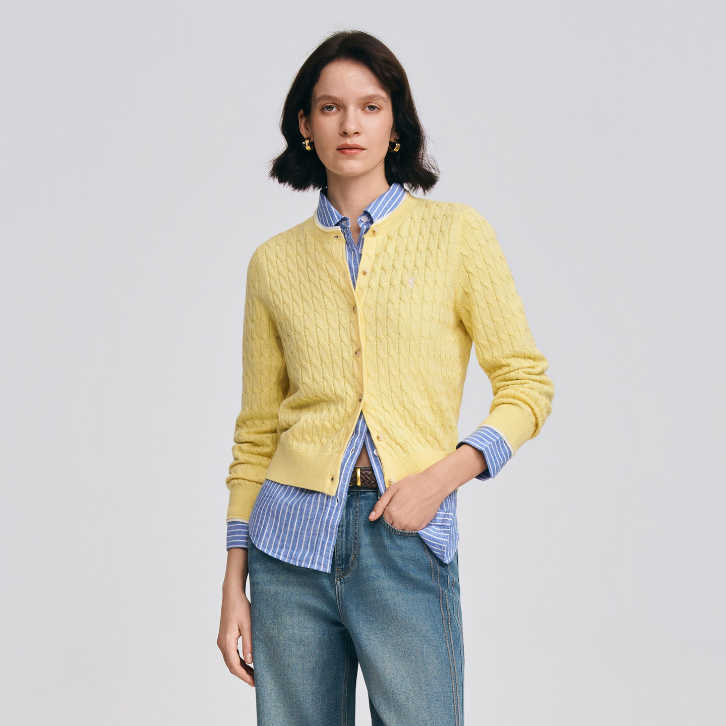 POLOWALK女士长袖针织衫2026春季新款圆领绞花修身针织开衫毛衣女