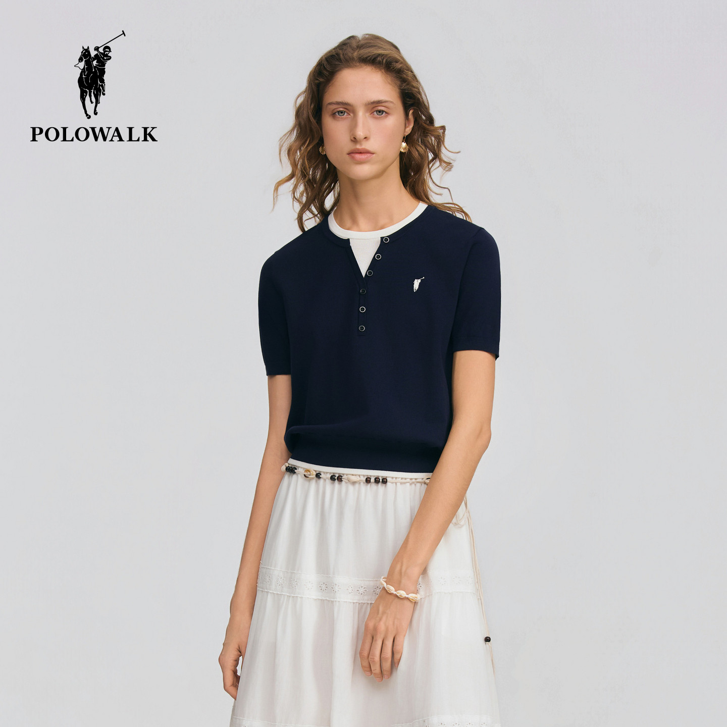 POLOWALK女士短袖针织衫2026夏季新款双层领假两件套头短袖T恤衫