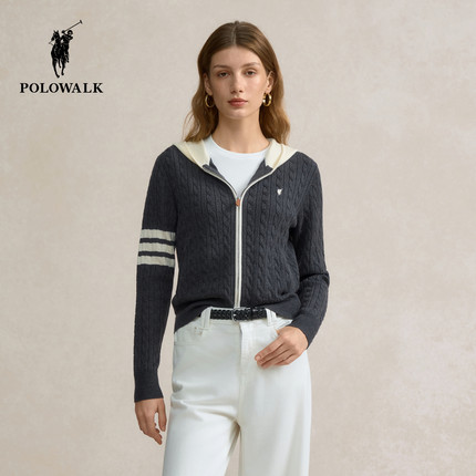 POLOWALK女装2025秋冬新款女士长袖针织衫连帽设计感针织开衫TB风