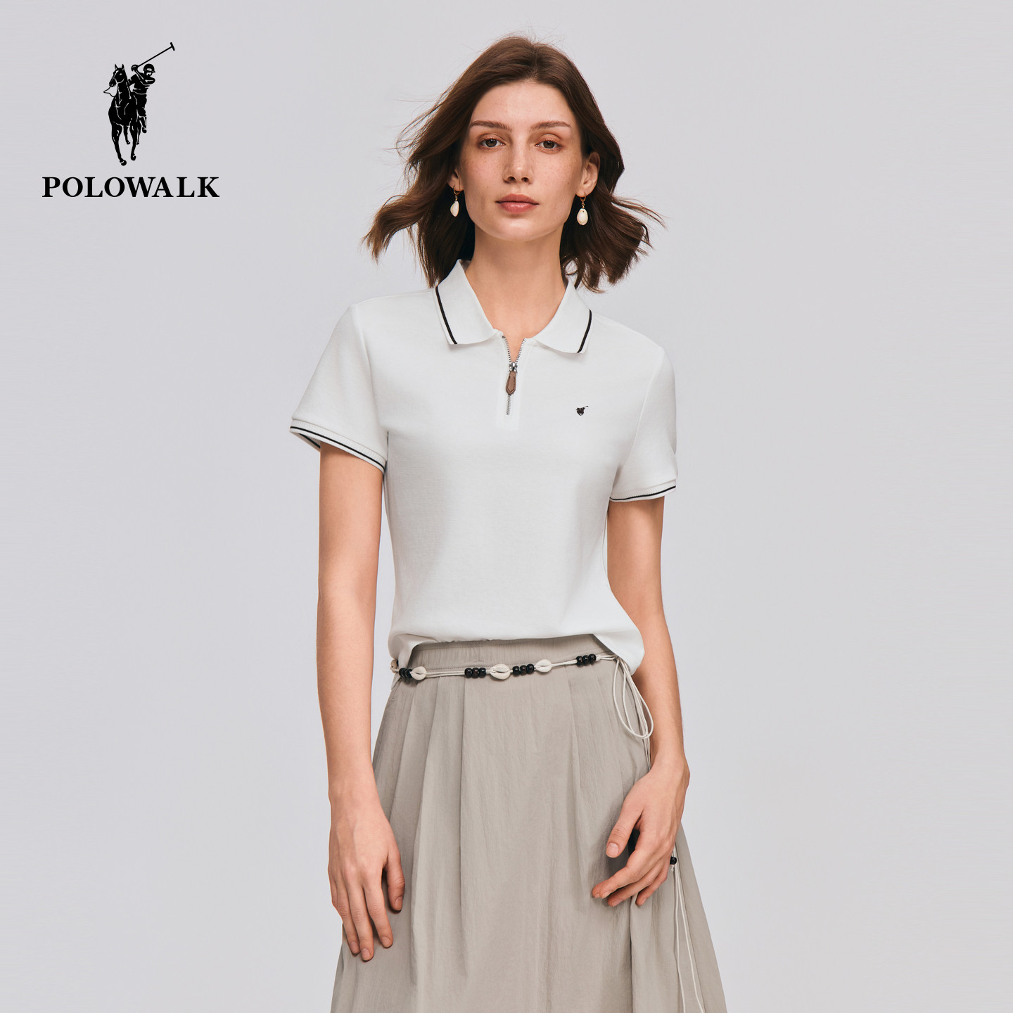 POLOWALK女装短袖POLO衫2026夏款新款撞色翻领T恤通勤半拉链上衣