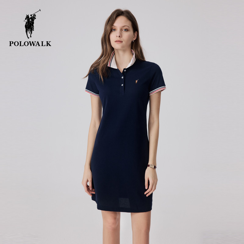 POLOWALK女士翻领短袖连衣裙夏季收腰过膝裙显瘦气质长裙2026