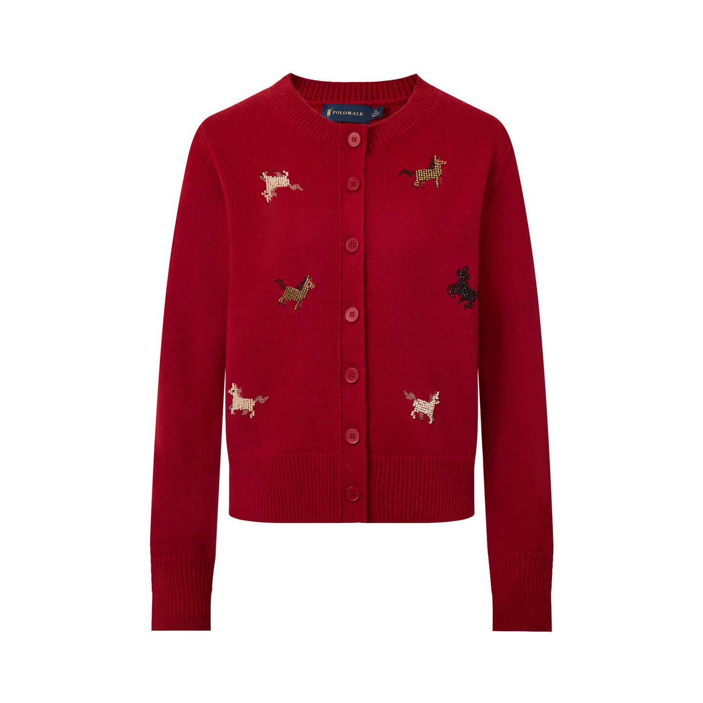 POLOWALK女士羊毛衫2026春季新款毛衣罗纹圆领开衫上衣红色外套