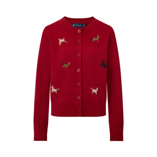 POLOWALK女士羊毛衫2026春季新款毛衣罗纹圆领开衫上衣红色外套