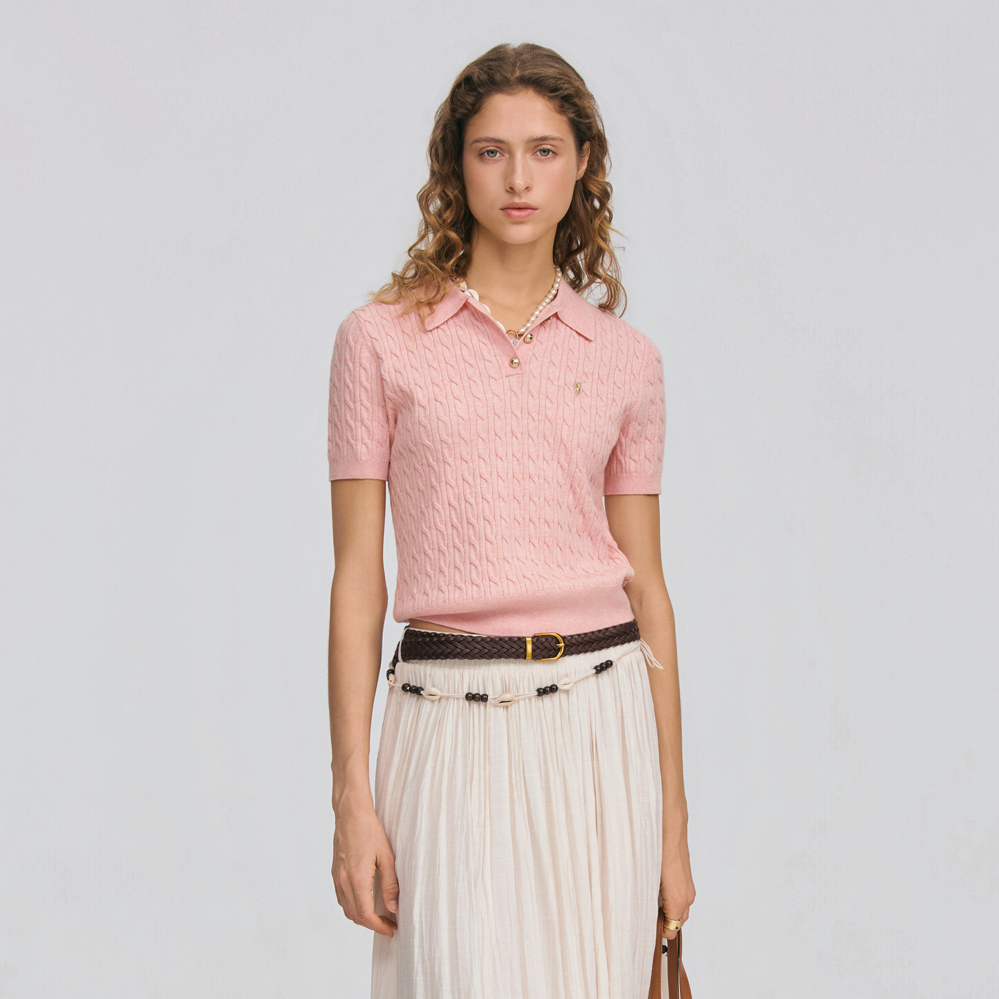 POLOWALK女士短袖针织衫2026春夏新款翻领绞花休闲百搭T恤针织衫