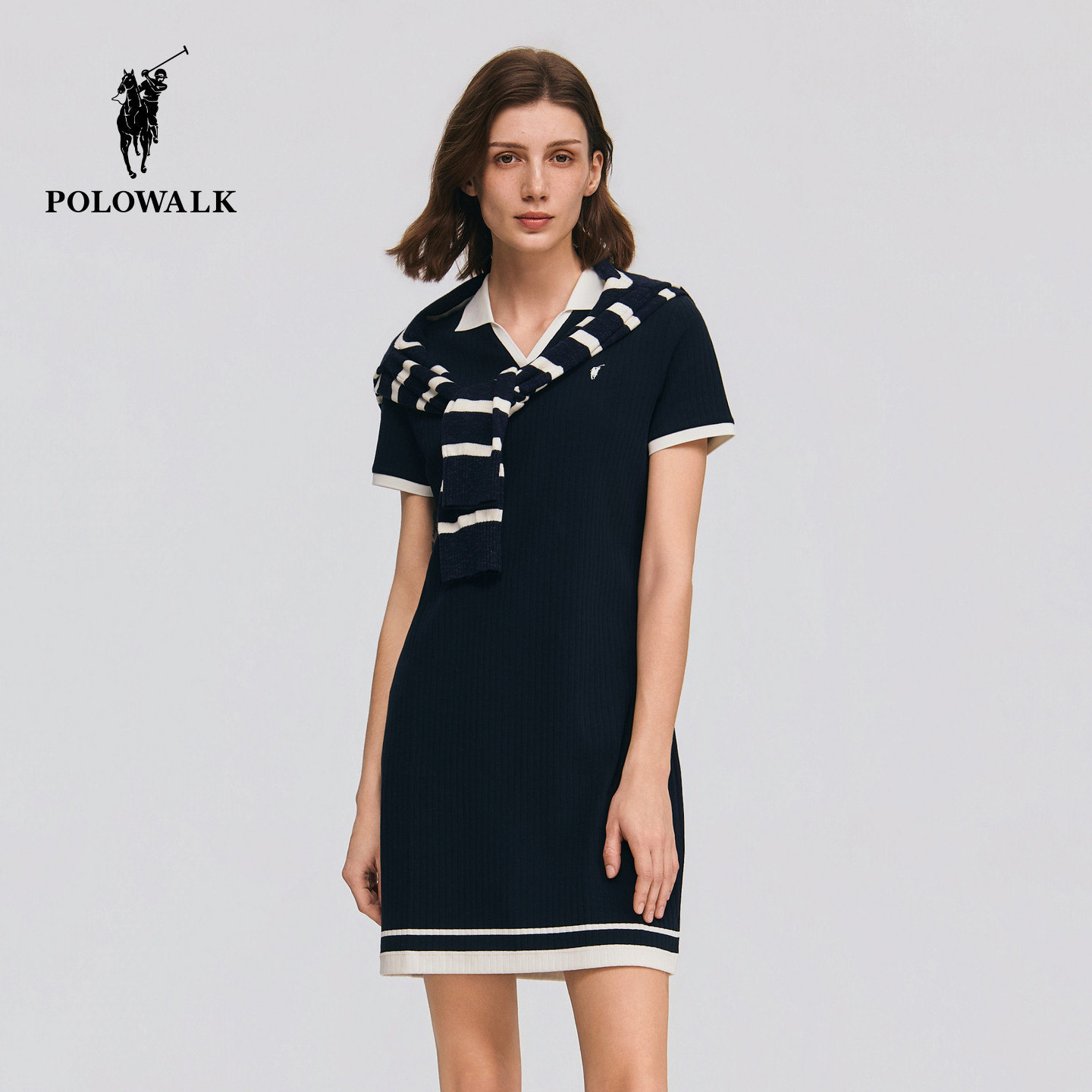 POLOWALK女装2026夏季新款女士短袖连衣裙收腰显瘦翻领中