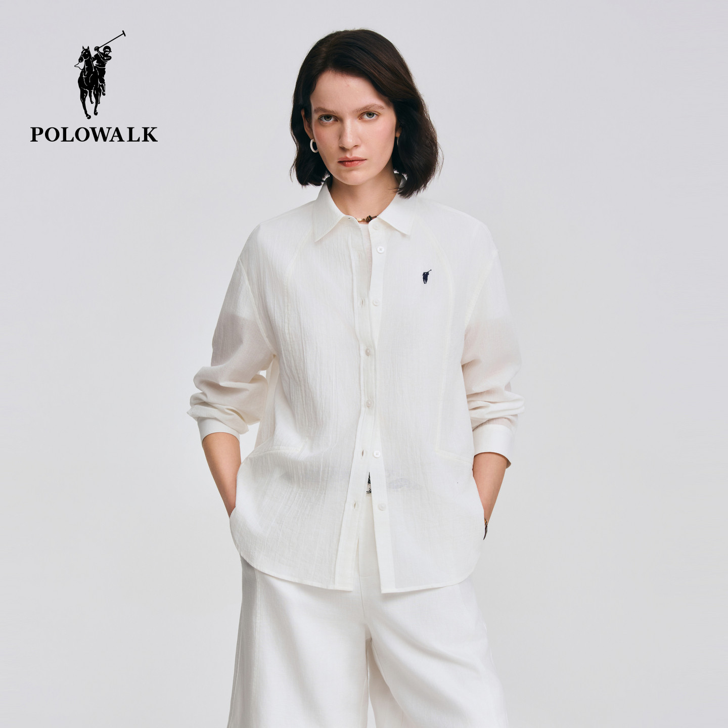 【100%棉】POLOWALK女士长袖衬衫2026夏季新款轻薄白衬衫宽松上衣