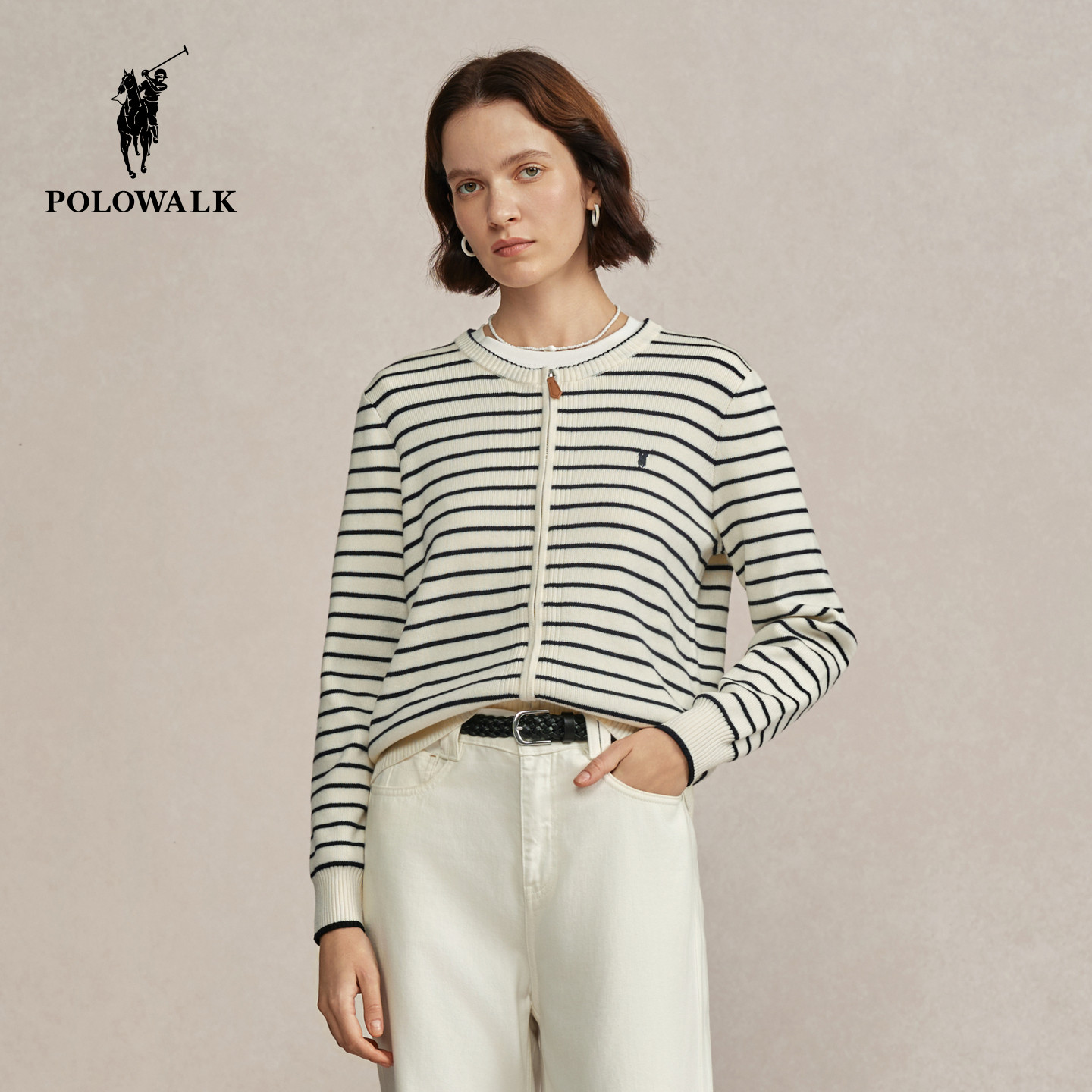 POLOWALK女装毛衣2026春季新款圆领开衫针织毛衣条纹拉链上衣