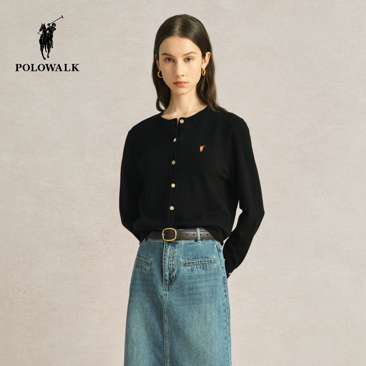 POLOWALK女士针织开衫外套秋冬毛衣外搭开衫女薄款黑色针织衫上衣