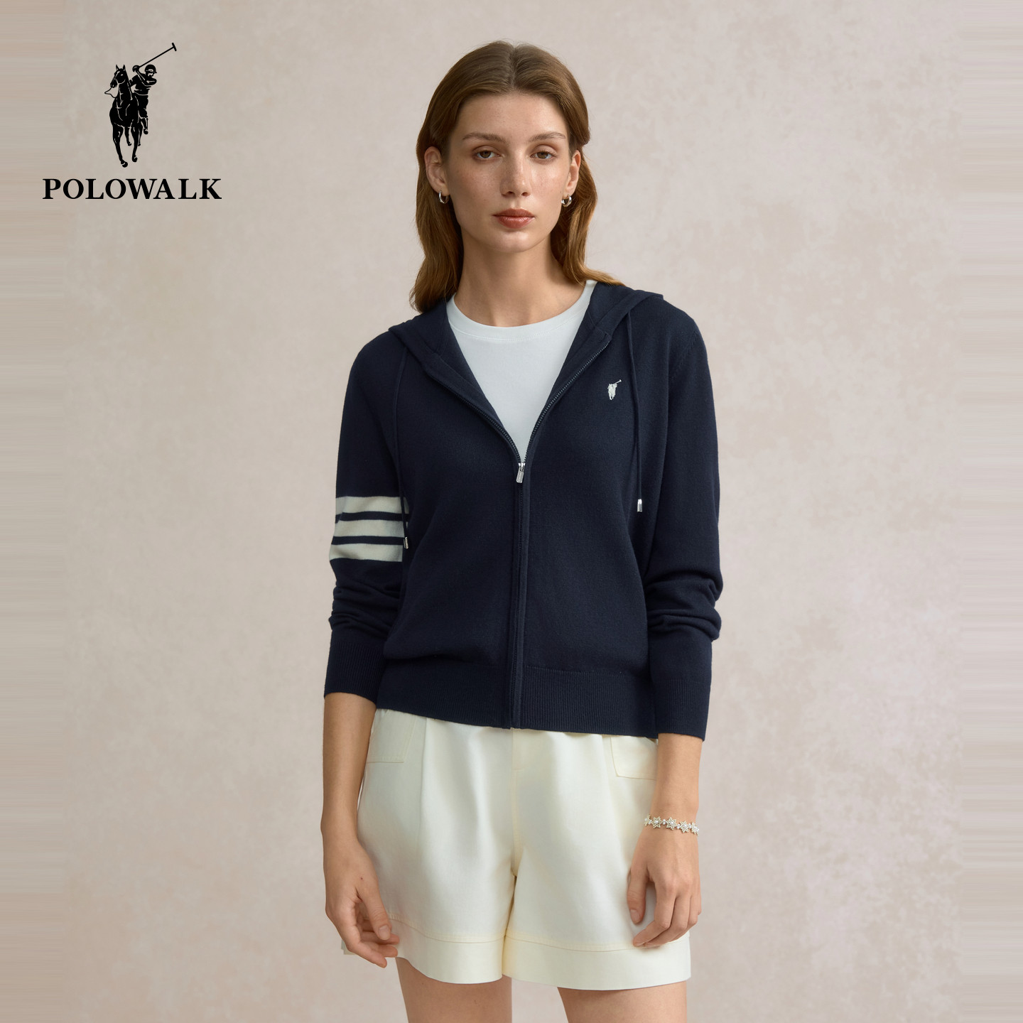 【特惠】POLOWALK针织开衫女春季新款连帽开衫复古外套针织衫