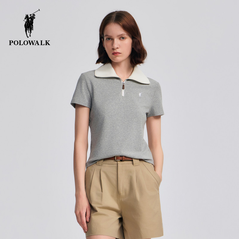 POLOWALK女士短袖2026夏季新款半拉链撞色显瘦休闲百搭T恤POLO衫
