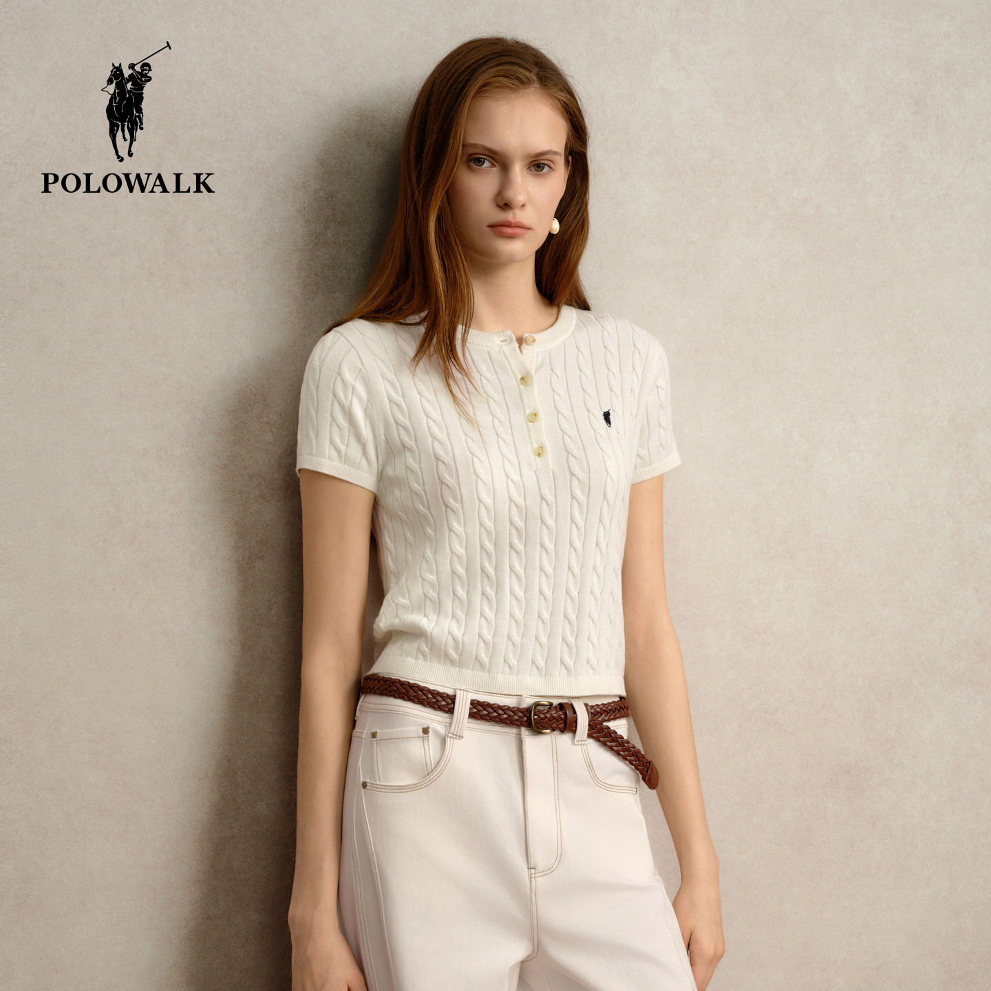 POLOWALK女士纯棉绞花针织衫