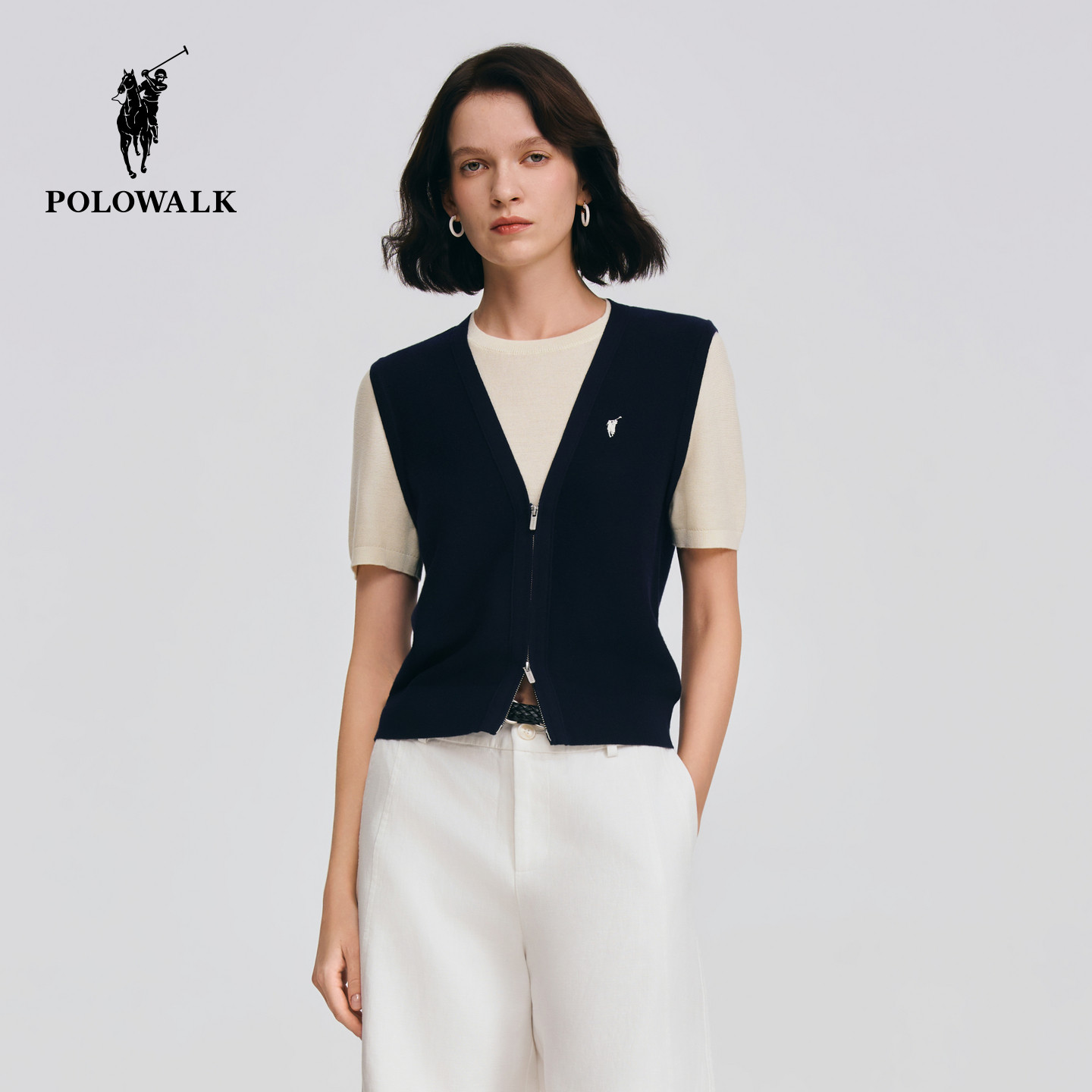 【含羊毛】POLOWALK女士短袖针织衫2026春夏新款假两件圆领T恤