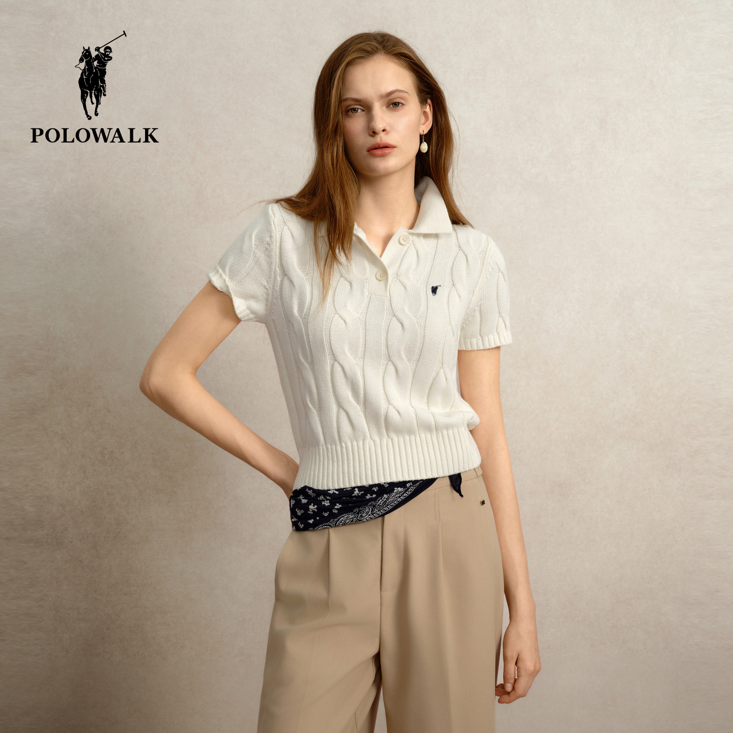 POLOWALK女士翻领绞花针织衫