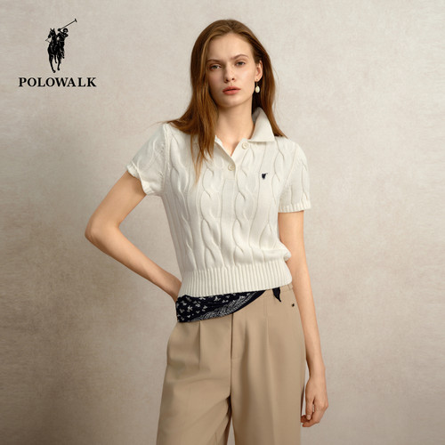 POLOWALK女士翻领绞花针织衫
