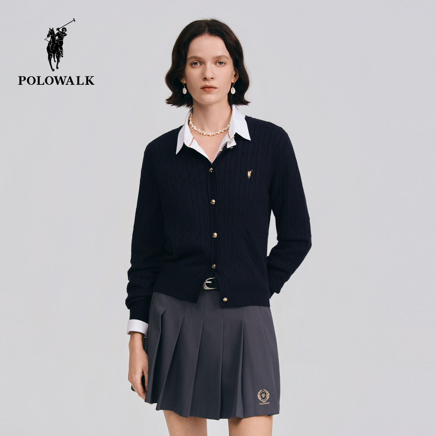 POLOWALK女装针织衫2026春季新款女士长袖绞花针织开衫圆