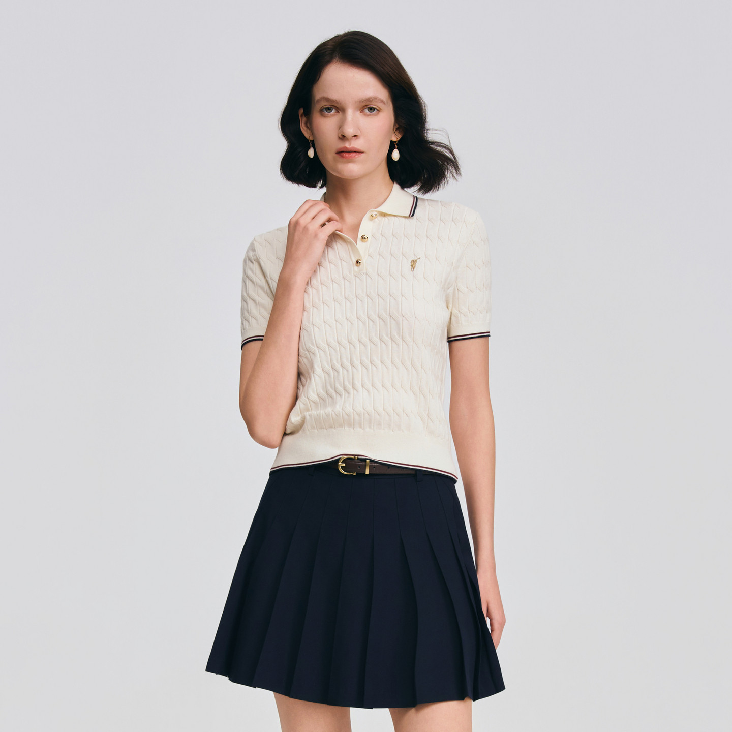 POLOWALK女士短袖针织衫2026春夏新款翻领绞花套头T恤通勤针织衫