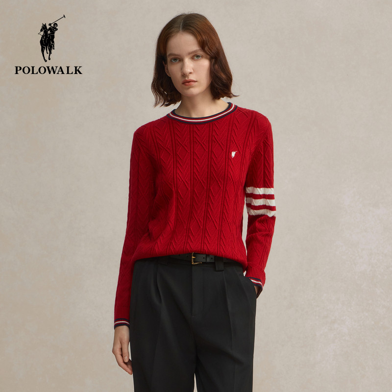 POLOWALK女士长袖针织衫2025秋冬新款红色毛衣套头衫圆领新年上衣