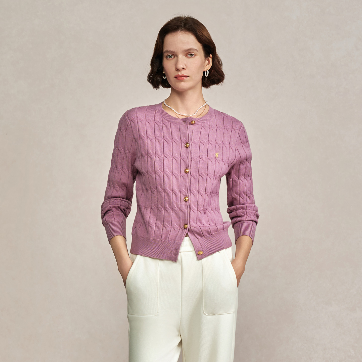 POLOWALK女士针织衫2026春季长袖针织绞花开衫修身圆领毛衣上衣