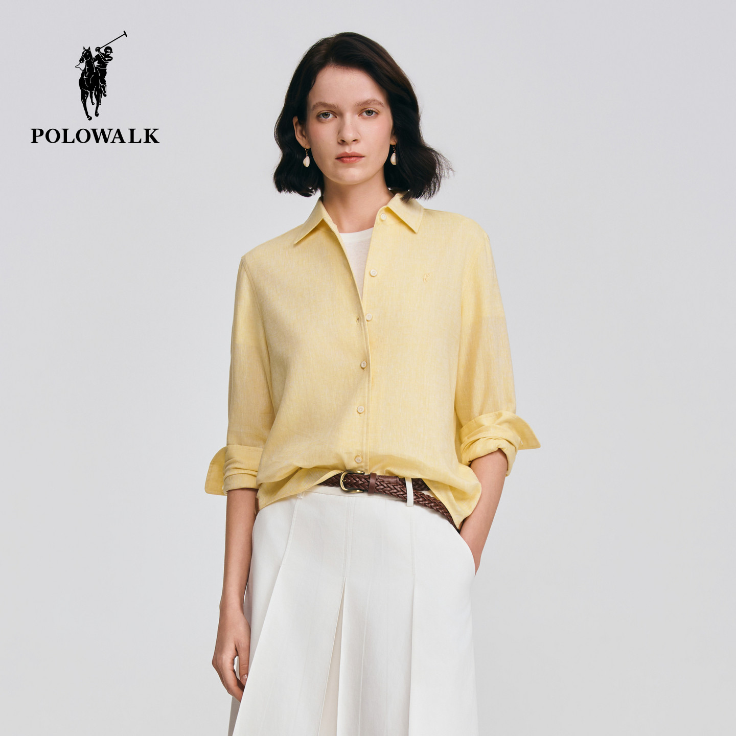 POLOWALK女士长袖衬衫2026春季新款亚麻混纺简约纯色翻领衬衫外套