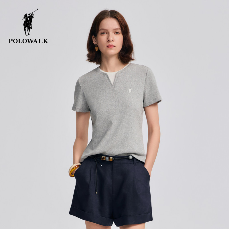 POLOWALK女装2026夏季新款女士短袖圆领T恤小V领设计百搭短袖t恤