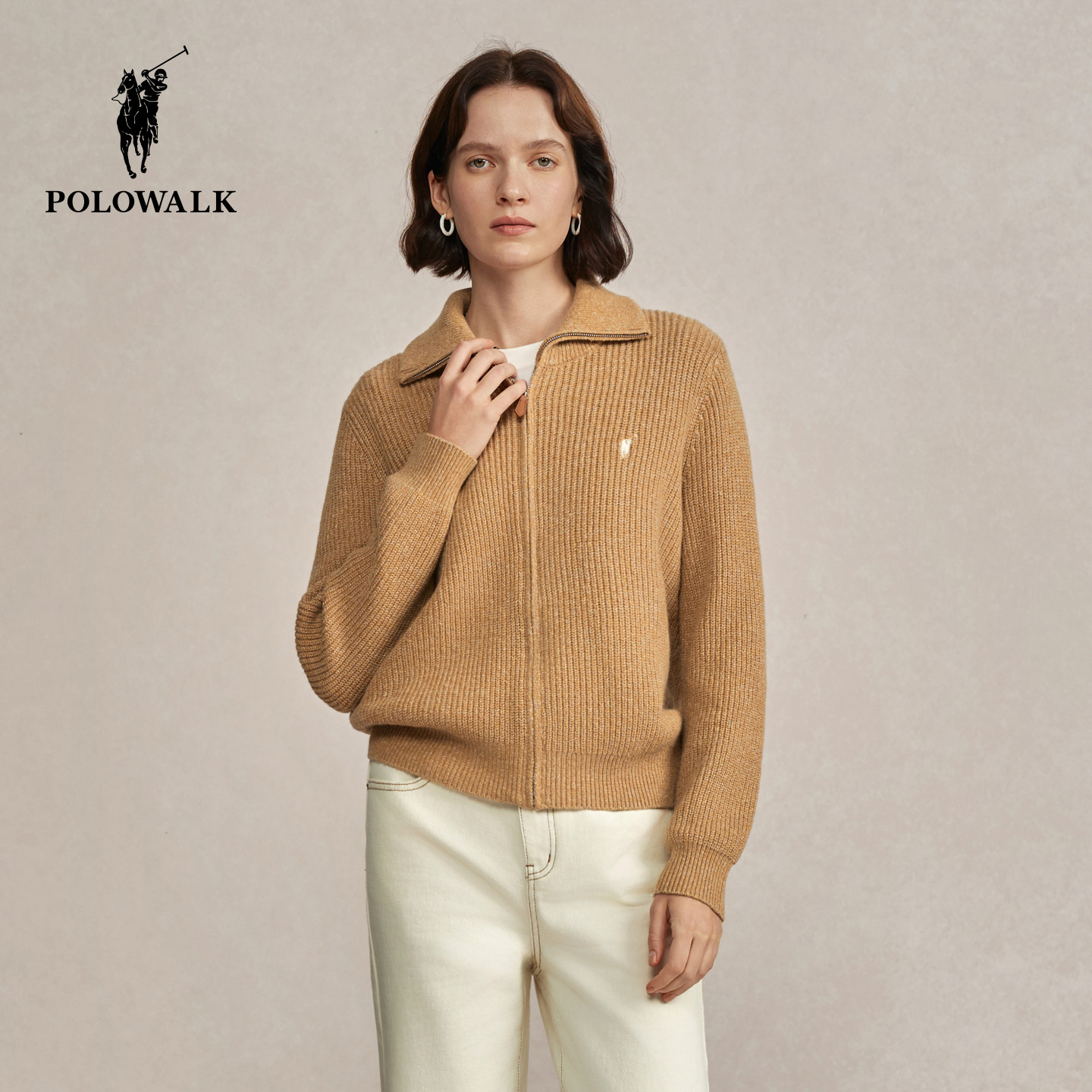 POLOWALK女装毛衣2025秋冬新款女长袖针织衫纯色保暖外套显瘦上衣