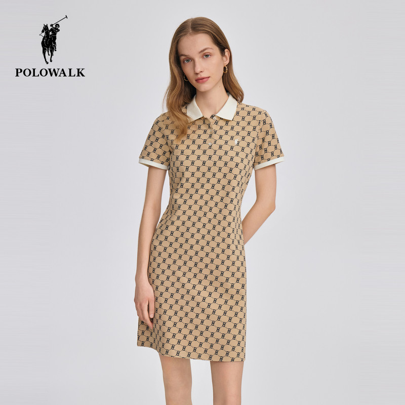 POLOWALK女士短袖针织连衣裙2026夏季新款印花休闲中长裙潮流长裙