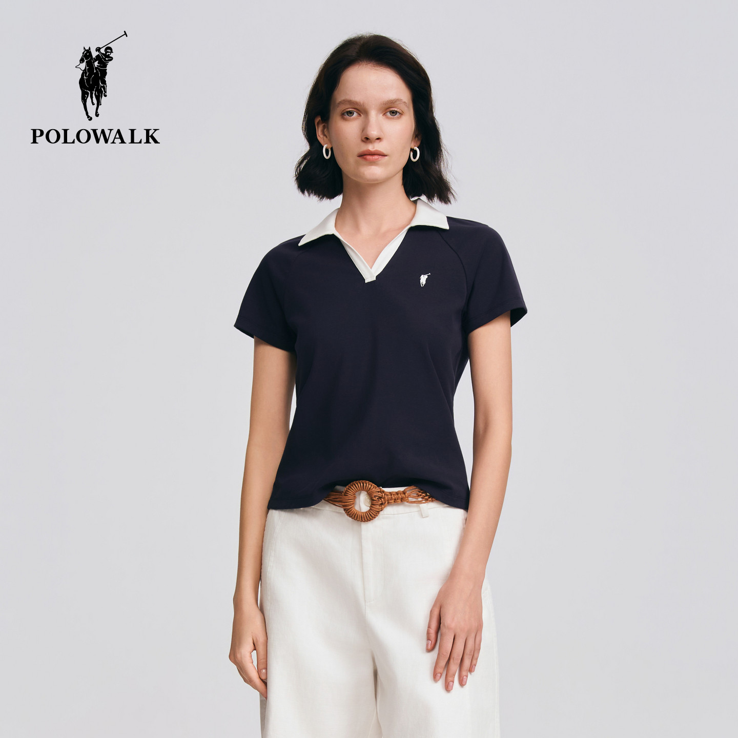 POLOWALK女士短袖V领T恤2026夏季新款撞色显瘦打底衫潮流女装上衣