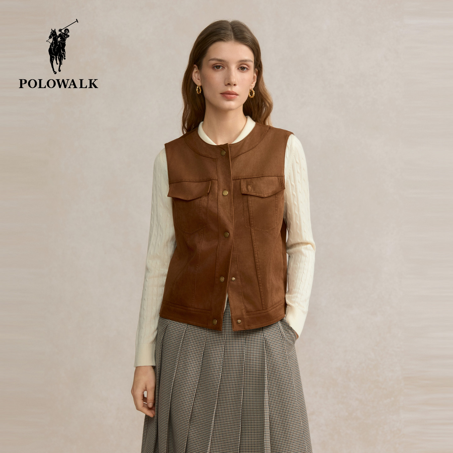 POLOWALK女士马甲2026春季新款复古工装风圆领休闲通勤女