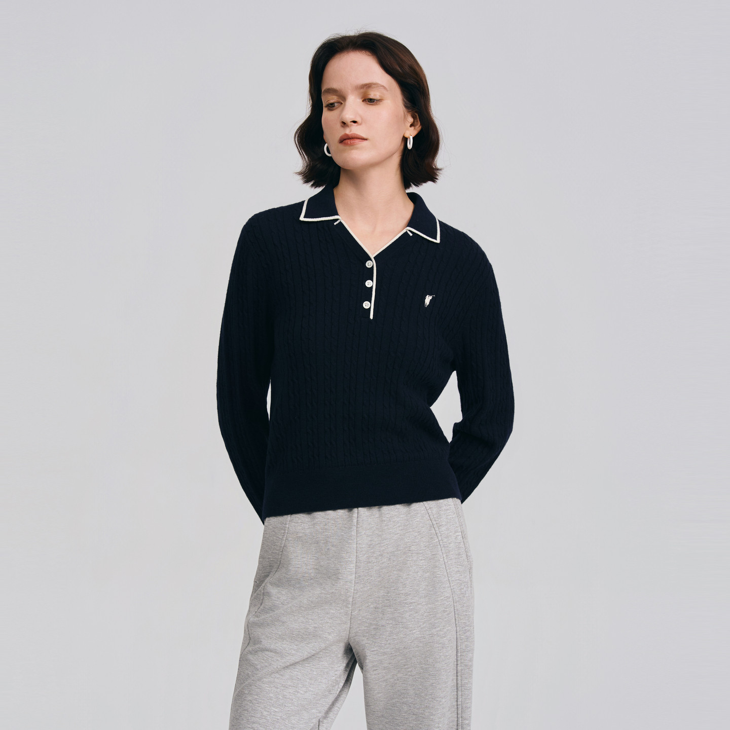 POLOWALK女士长袖针织衫2026春季新款撞色显瘦小V领毛衣