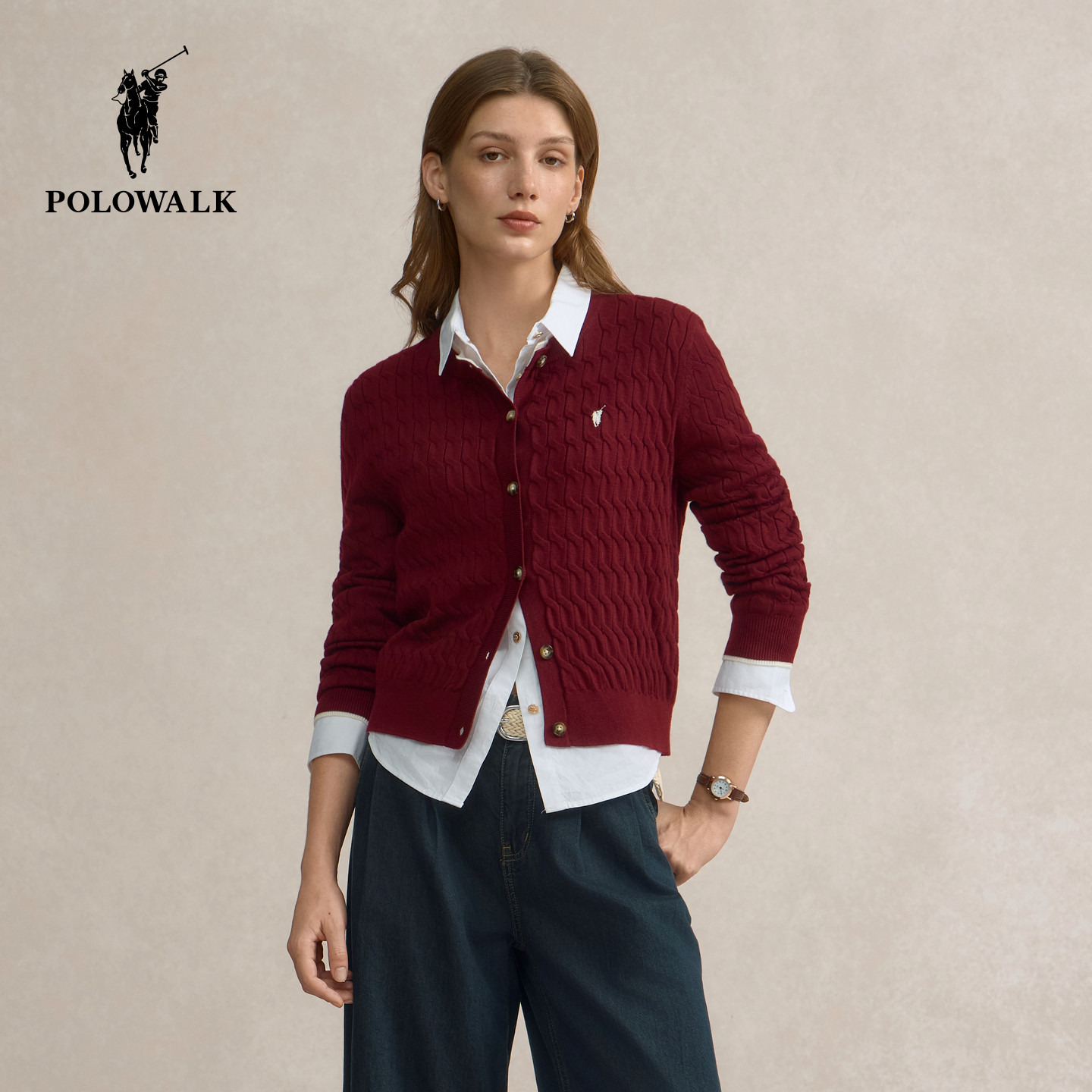 【特惠】POLOWALK女士长袖针织衫春季毛衣绞花外套开衫女装上衣