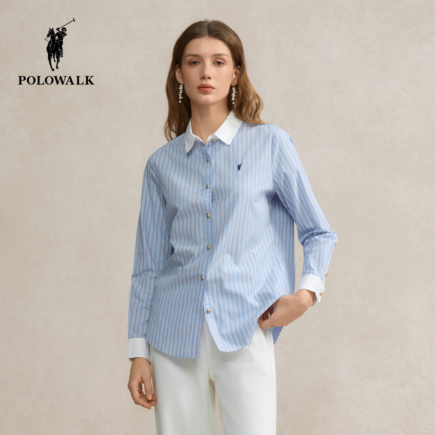 POLOWALK女士长袖衬衫条纹纯棉