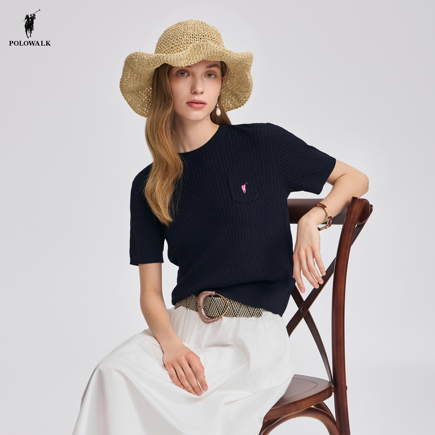 POLOWALK短袖针织衫女士2026春夏新款圆领经典绞花上衣T恤