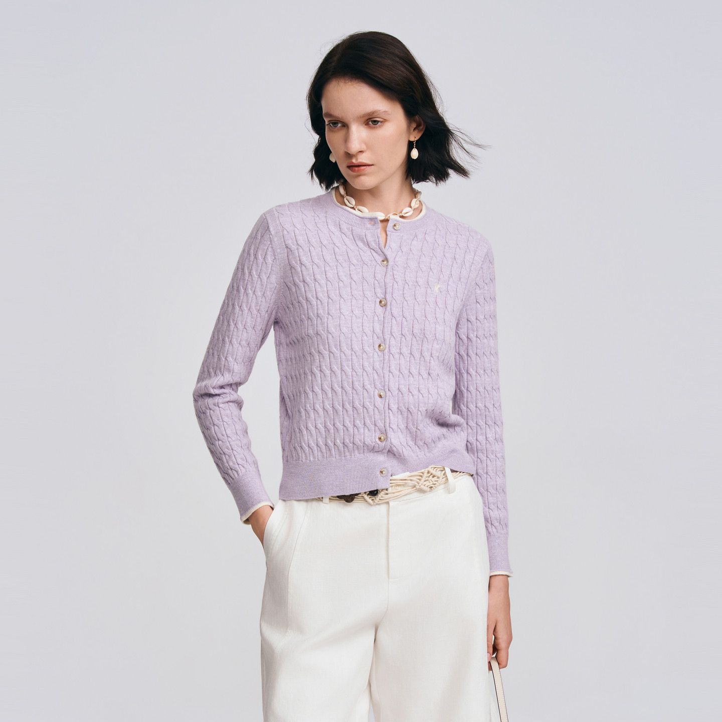 POLOWALK女士长袖针织衫2026春季新款圆领绞花修身针织开衫毛衣女