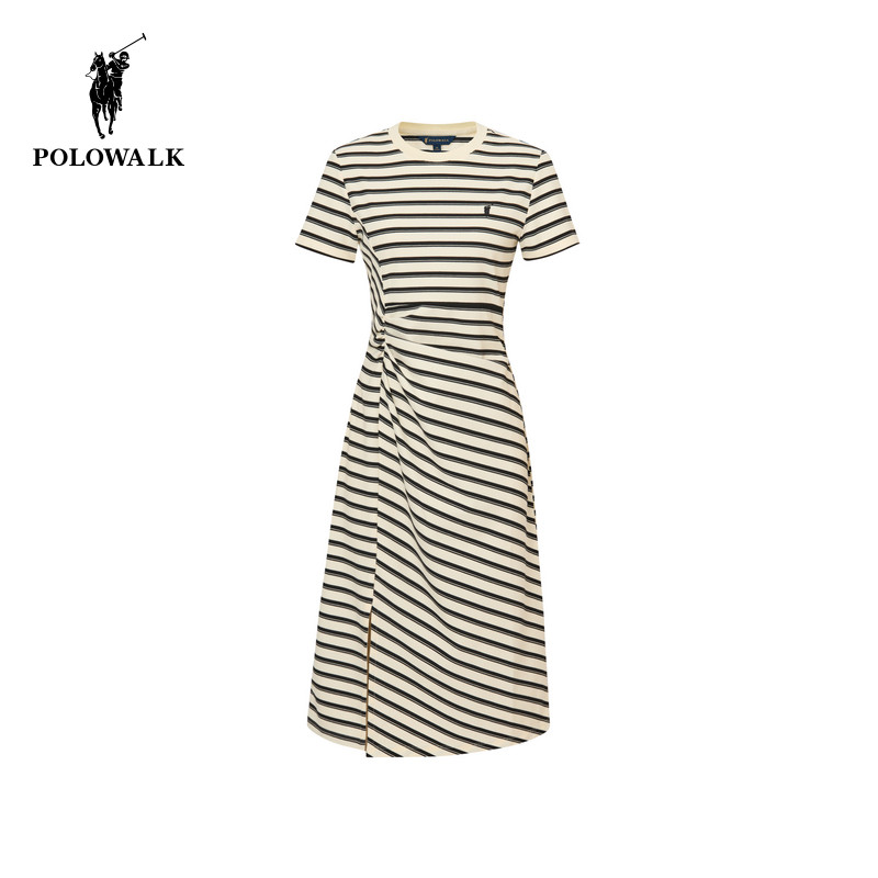 POLOWALK女士短袖针织连衣裙2026夏季新款不规则圆领休闲长裙