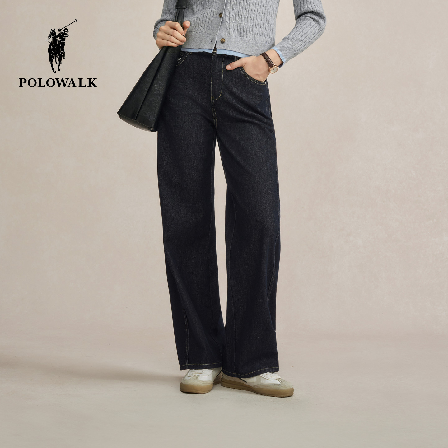 POLOWALK女装2025秋冬裤新款女士牛仔裤经典长裤直筒裤休闲阔腿裤