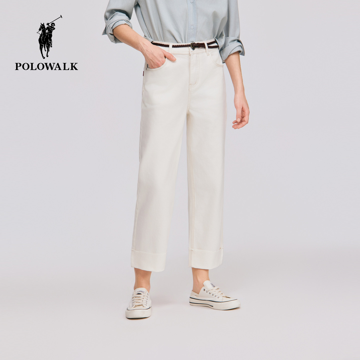 POLOWALK女装2026春夏裤新款女士牛仔裤休闲直筒裤百搭白色卷边裤
