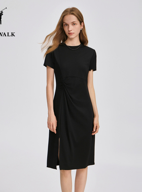 POLOWALK女装2026夏季新款女士短袖连衣裙简约黑色显瘦针织裙夏款
