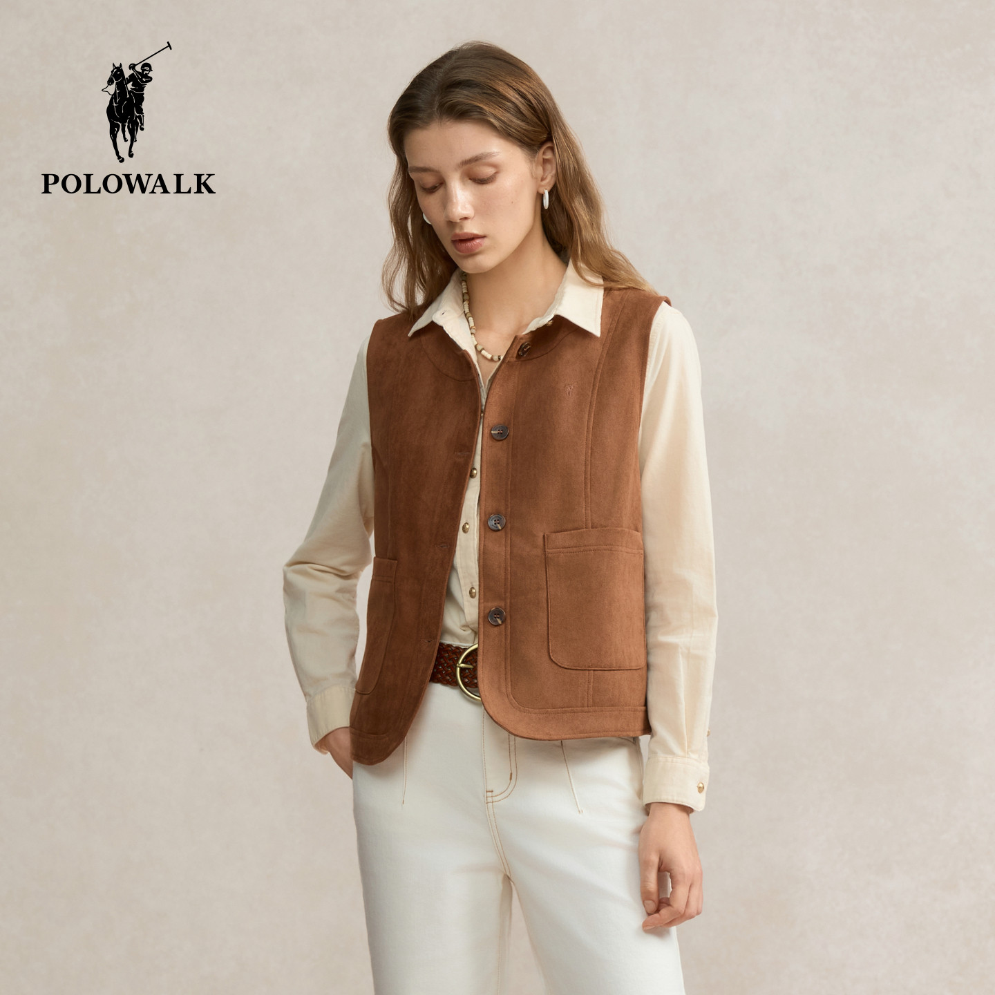 POLOWALK女士马甲2026春季新款背心复古老钱风圆领上衣春
