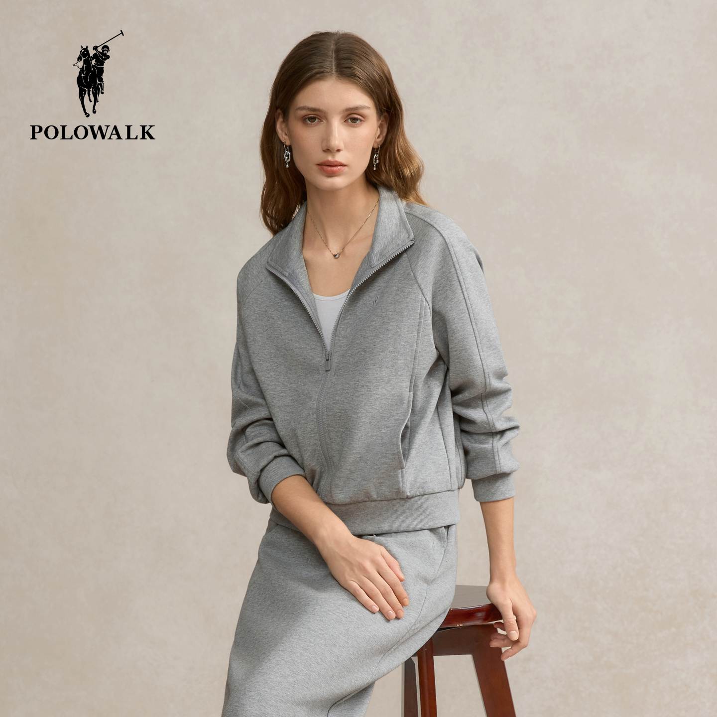 POLOWALK女士卫衣2025秋冬新款简系休闲运动衫立领女装上衣外套