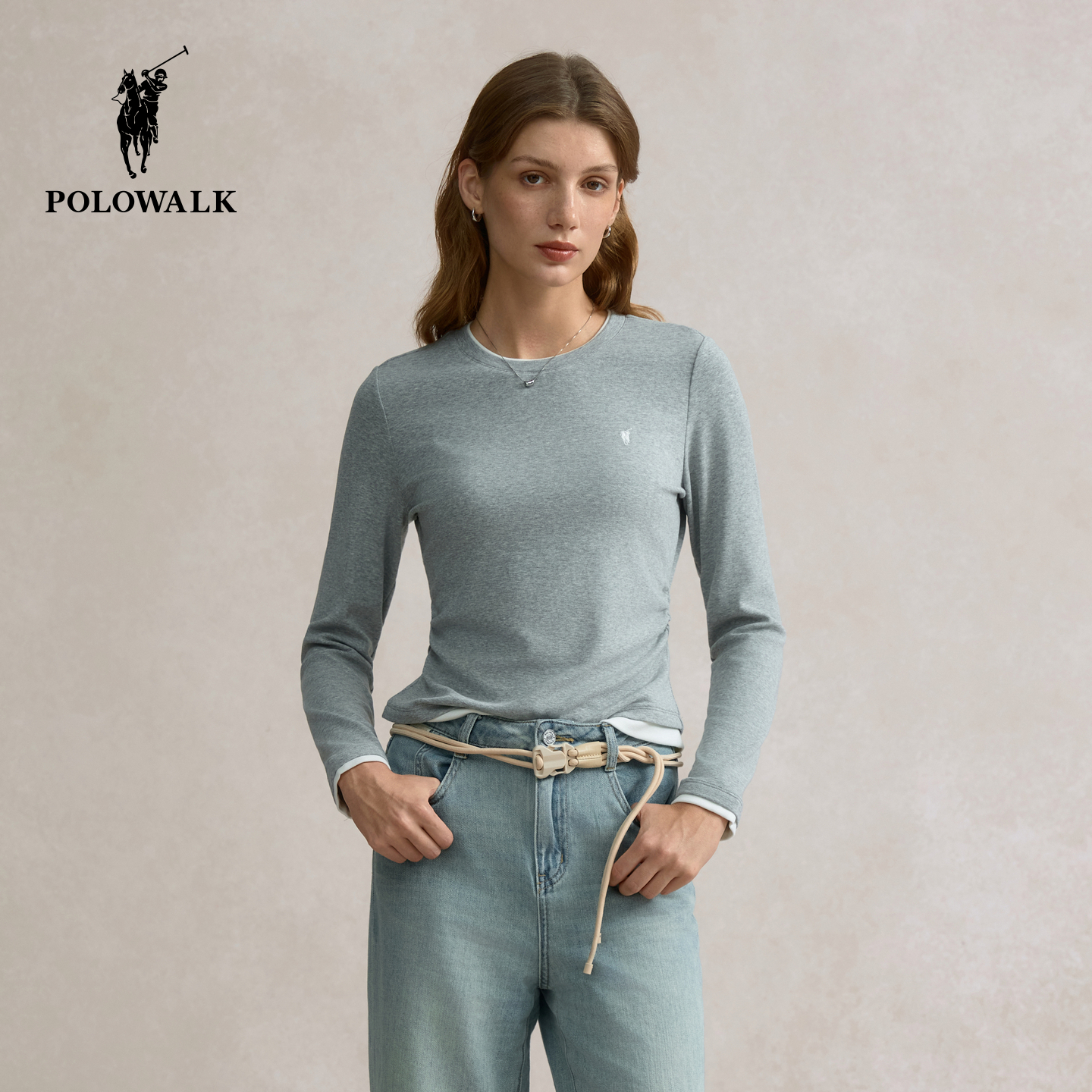 POLOWALK女士长袖T恤圆领收腰