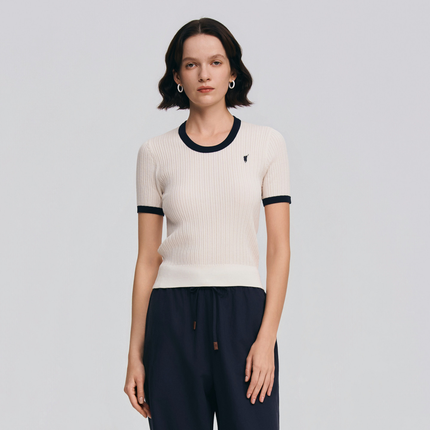 POLOWALK女士短袖针织衫2026春夏新款T恤显瘦撞色圆领修身针织衫